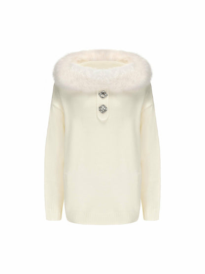 Nana Jacqueline Ava Fur Sweatshirt: White Knit Sweatshirt for Ski Trip White