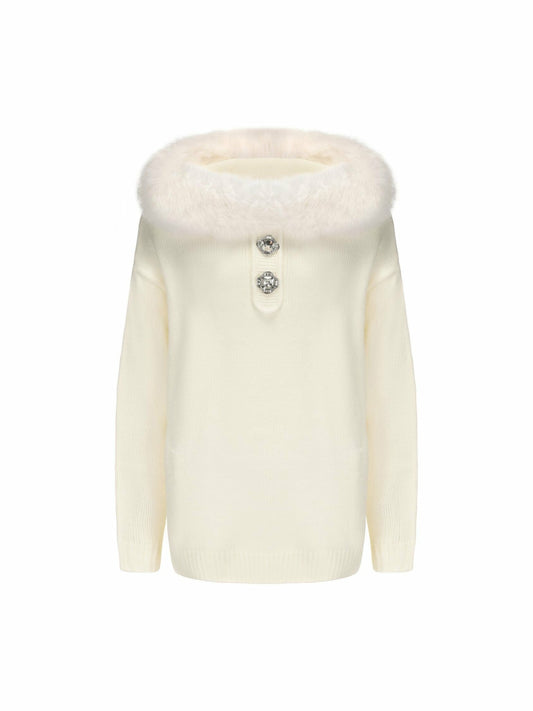 Nana Jacqueline Ava Fur Sweatshirt: White Knit Sweatshirt for Ski Trip White