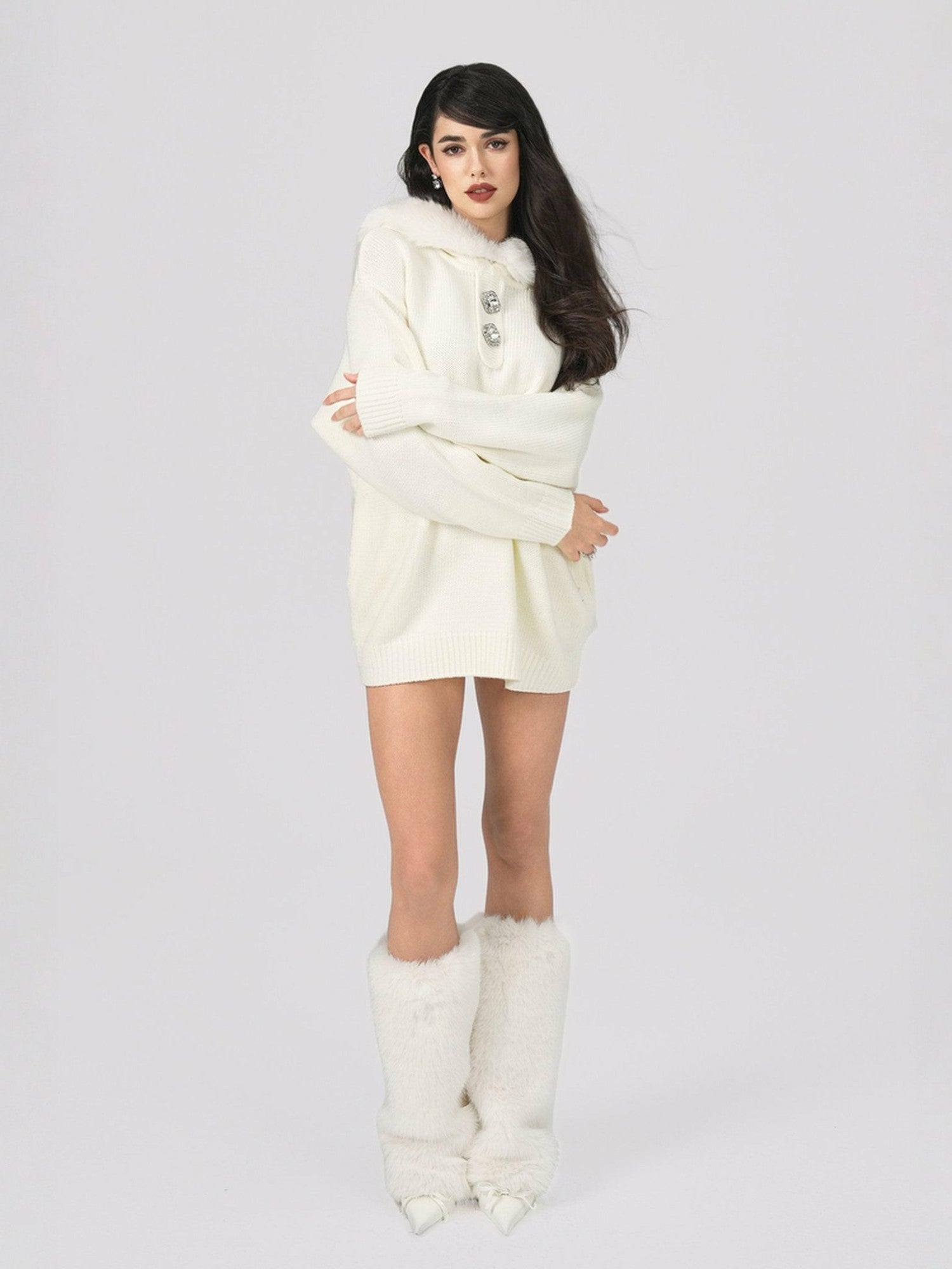 Nana Jacqueline Ava Fur Sweatshirt: White Knit Sweatshirt for Ski Trip White