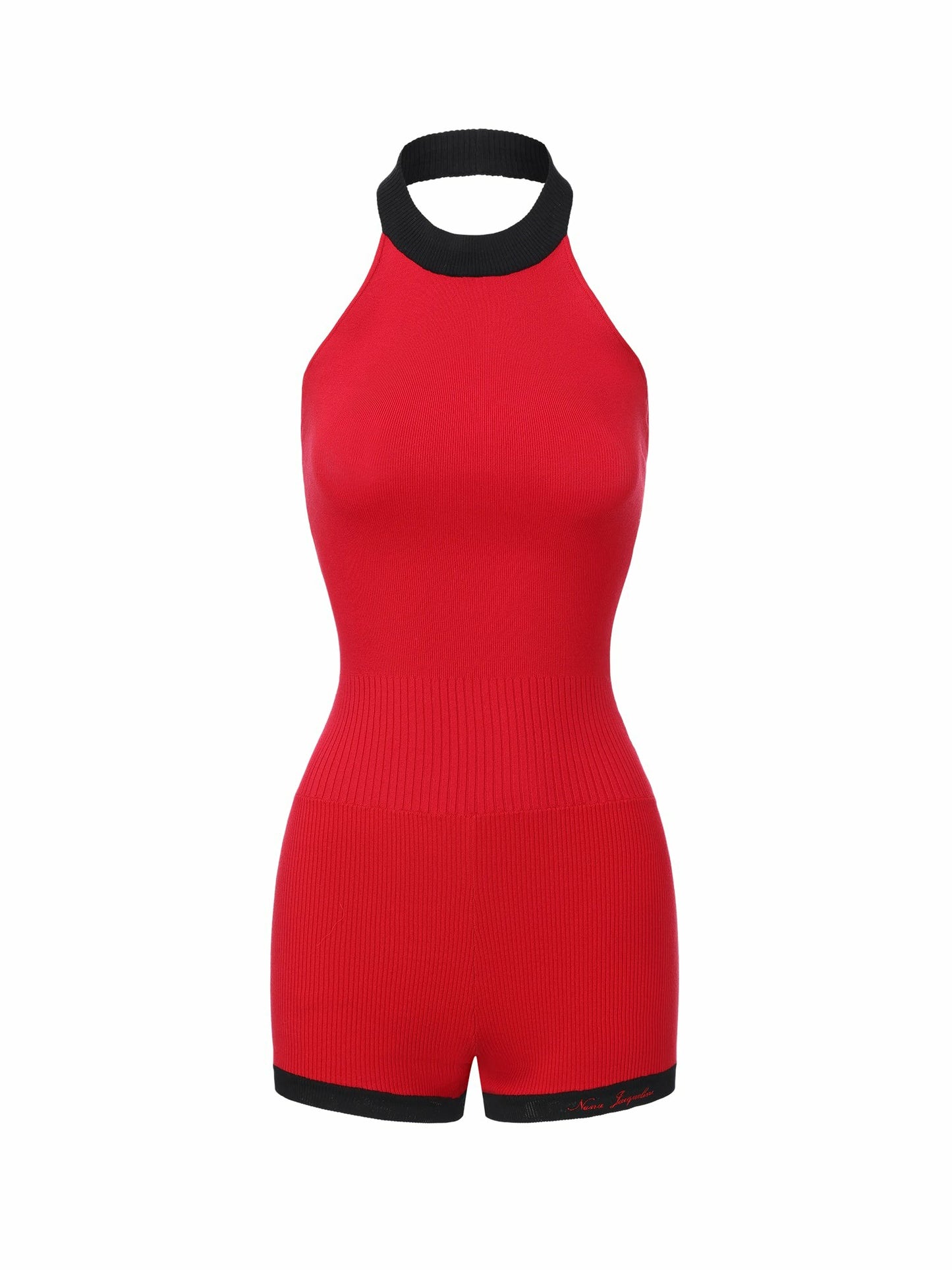 Nana Jacqueline Red Contrast Halter Knit Romper Red
