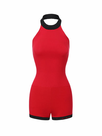 Nana Jacqueline Red Contrast Halter Knit Romper Red