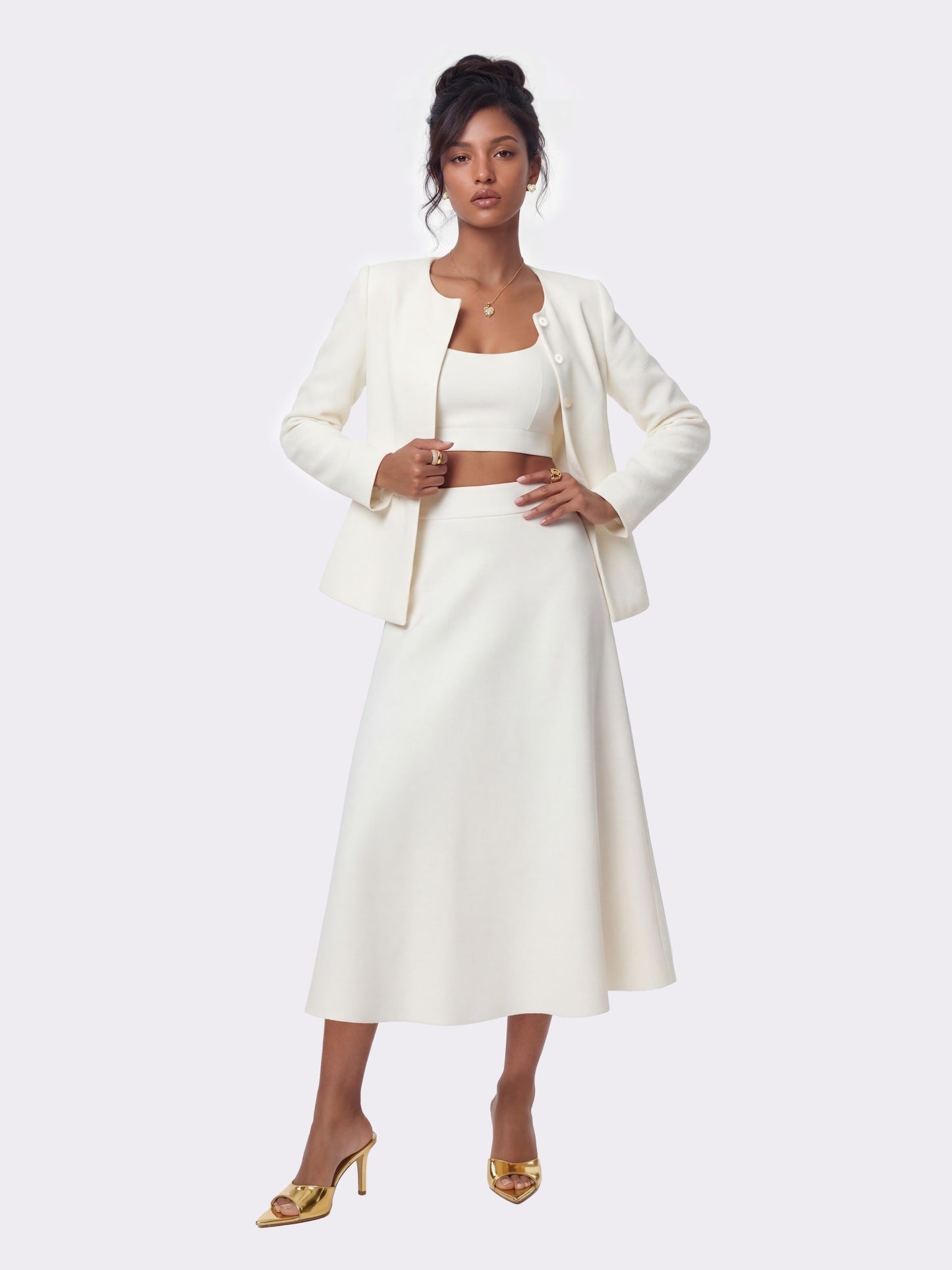 Nana Jacqueline Natalia Tailored A-Line White Midi Skirt: White Midi Skirt for Bridal Shower White