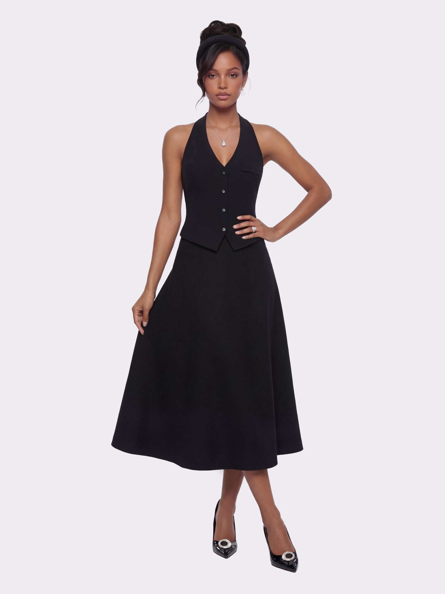 Nana Jacqueline Natalia Tailored A-Line Black Midi Skirt: Black Midi Skirt for Cocktail Party Black