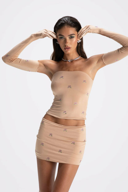 Nana Jacqueline Rosana Embroidered Skirt: Tan Mini Skirt for Date Night Tan