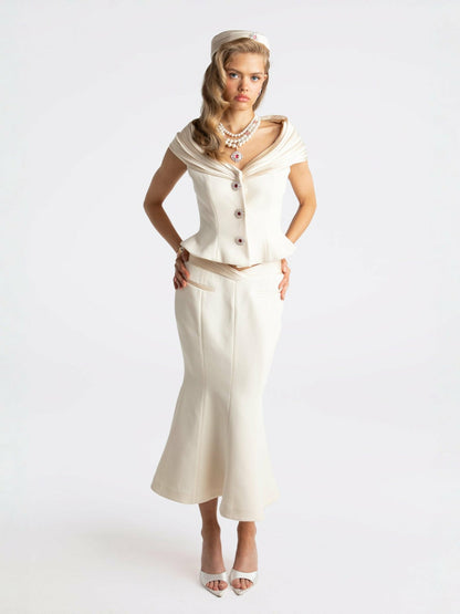 Nana Jacqueline Belle Satin Skirt: Beige Midi Skirt for Rehearsal Dinner Beige