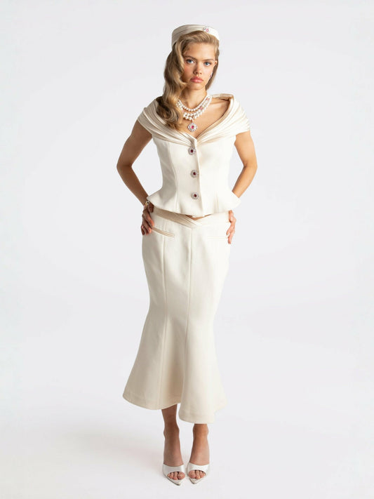 Nana Jacqueline Belle Satin Skirt: Beige Midi Skirt for Rehearsal Dinner Beige