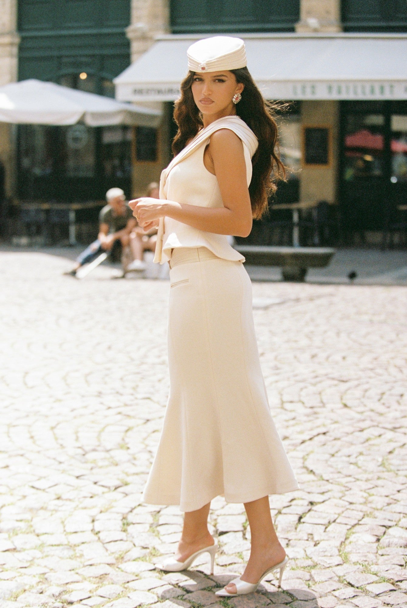 Nana Jacqueline Belle Satin Skirt: Beige Midi Skirt for Rehearsal Dinner Beige