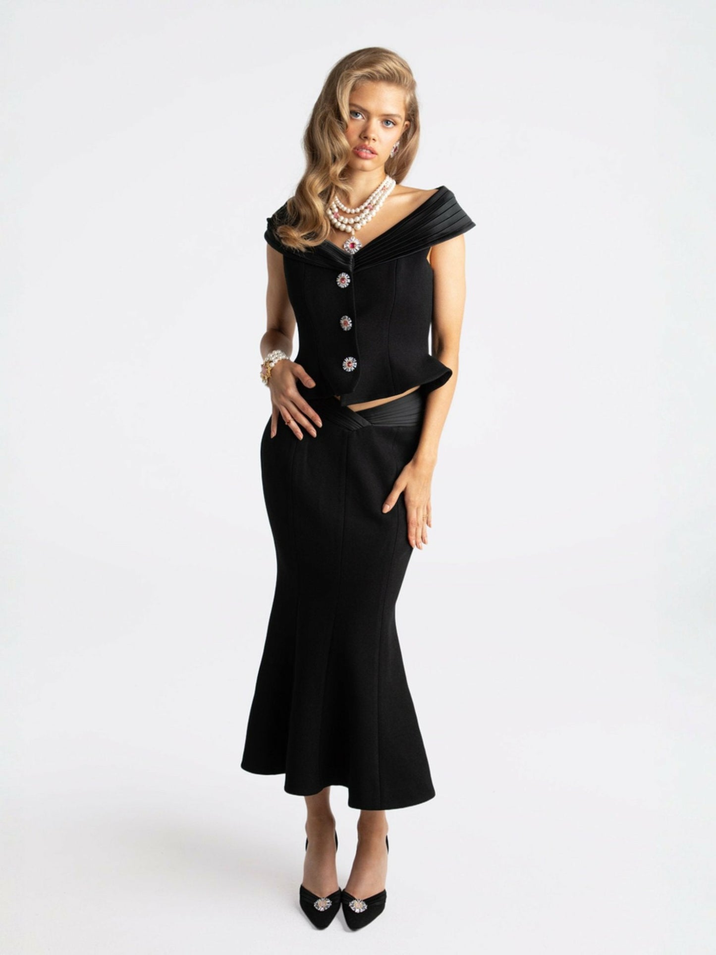 Nana Jacqueline Belle Satin Skirt: Black Midi Skirt for Cocktail Party Black
