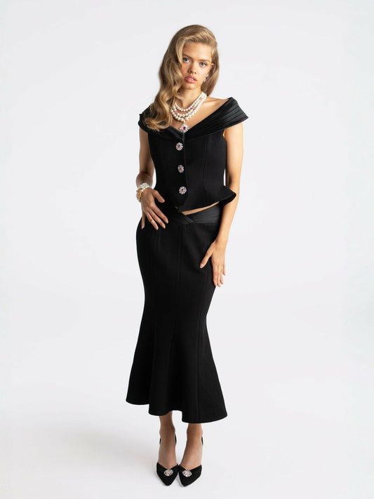 Nana Jacqueline Belle Satin Skirt: Black Midi Skirt for Cocktail Party Black