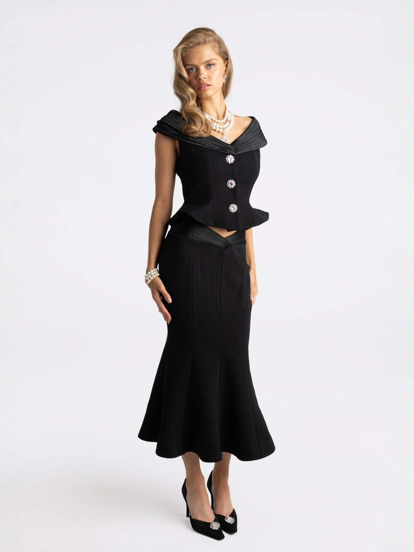 Nana Jacqueline Belle Satin Skirt: Black Midi Skirt for Cocktail Party Black