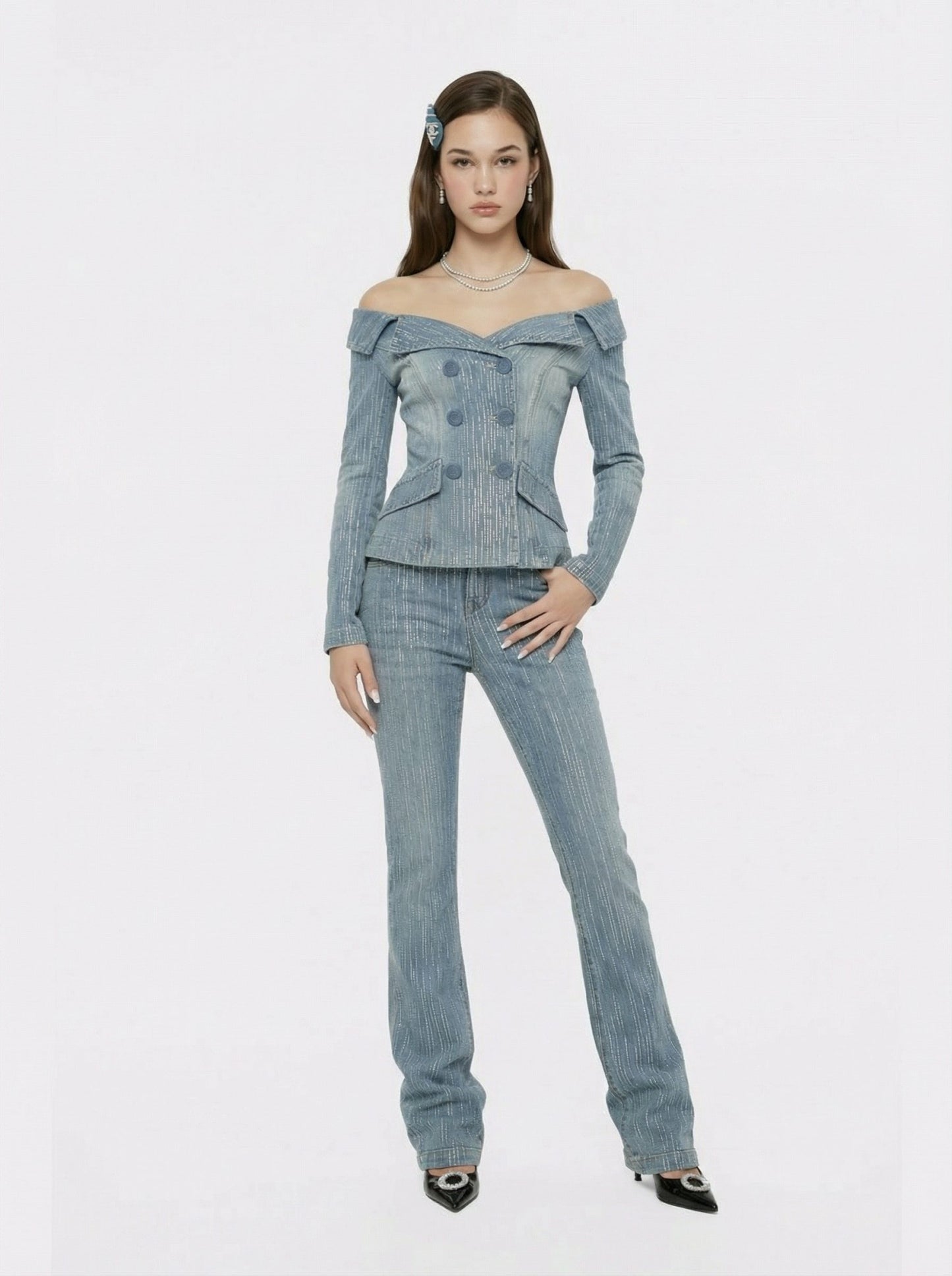 Nana Jacqueline High-Waist Blue Denim Jeans with Crystal Detail Blue