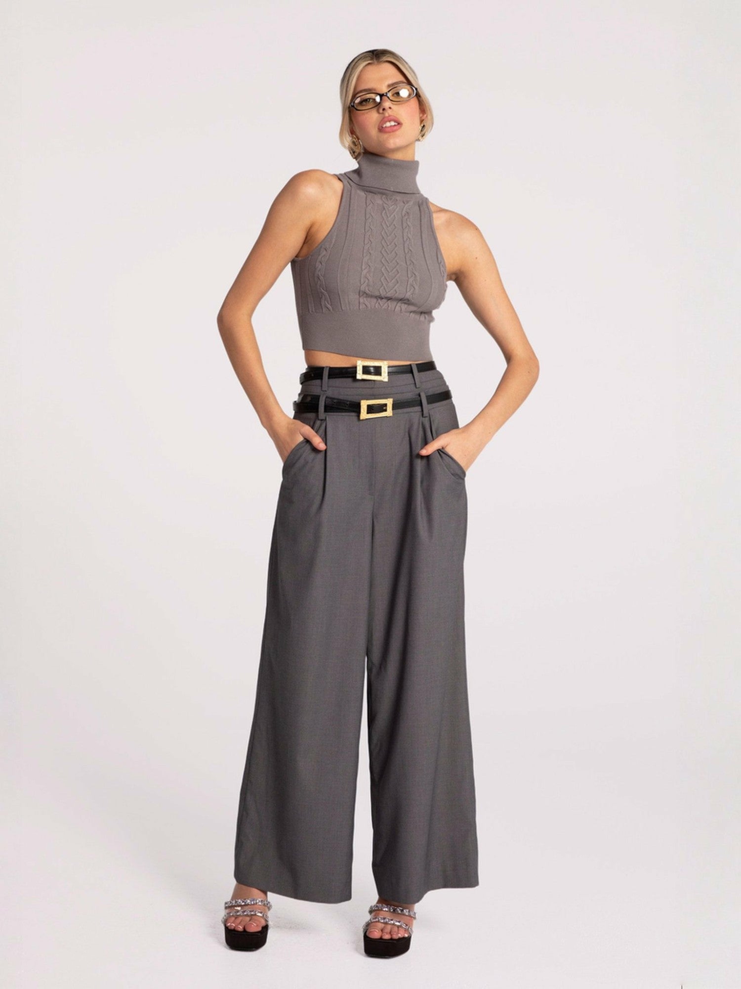 Nana Jacqueline Anna Pants: Grey Wide-Leg Pants for Workwear Grey