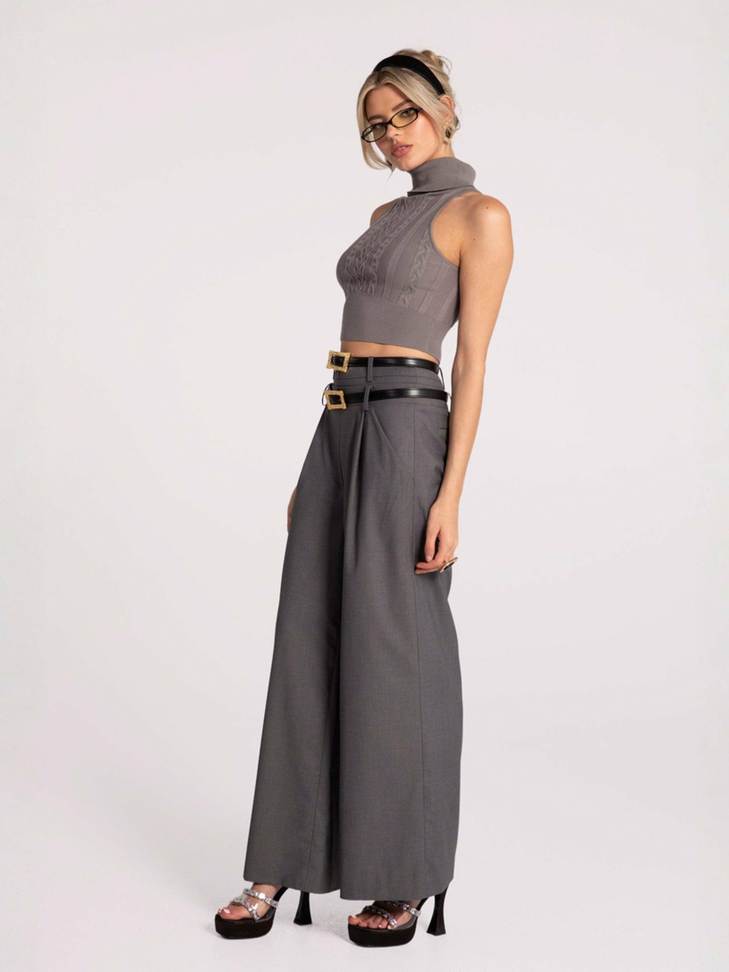 Nana Jacqueline Anna Pants: Grey Wide-Leg Pants for Workwear Grey