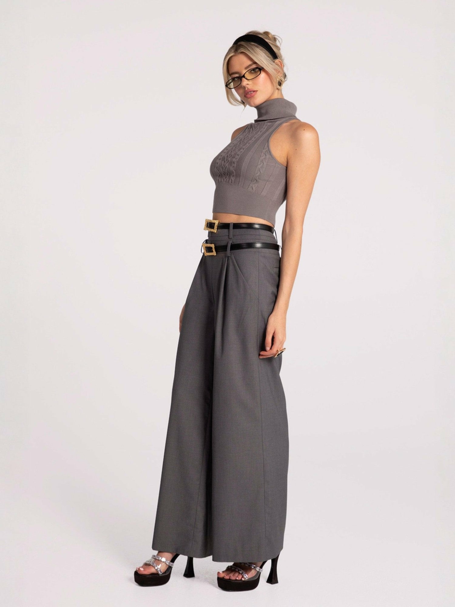 Nana Jacqueline Anna Pants: Grey Wide-Leg Pants for Workwear Grey
