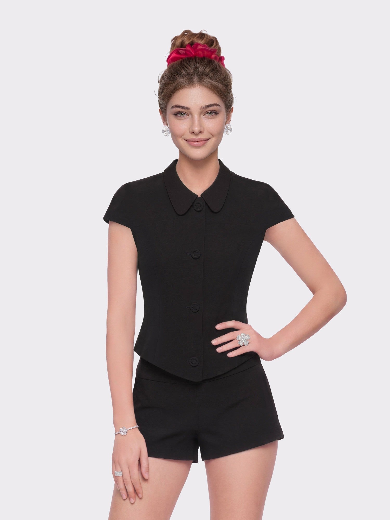 Nana Jacqueline Alina Cinched-Waist Black Top Black