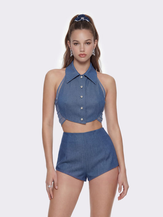 Nana Jacqueline Amara Crystal-Button Open-Back Blue Top Blue