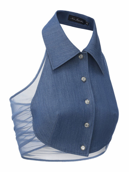 Nana Jacqueline Amara Crystal-Button Open-Back Blue Top Blue