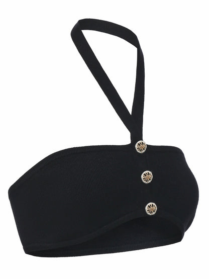 Nana Jacqueline Ana Halter Knit Wool-Blend Black Top Black