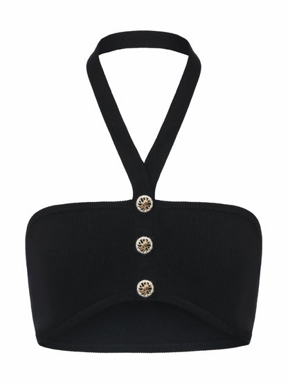 Nana Jacqueline Ana Halter Knit Wool-Blend Black Top Black