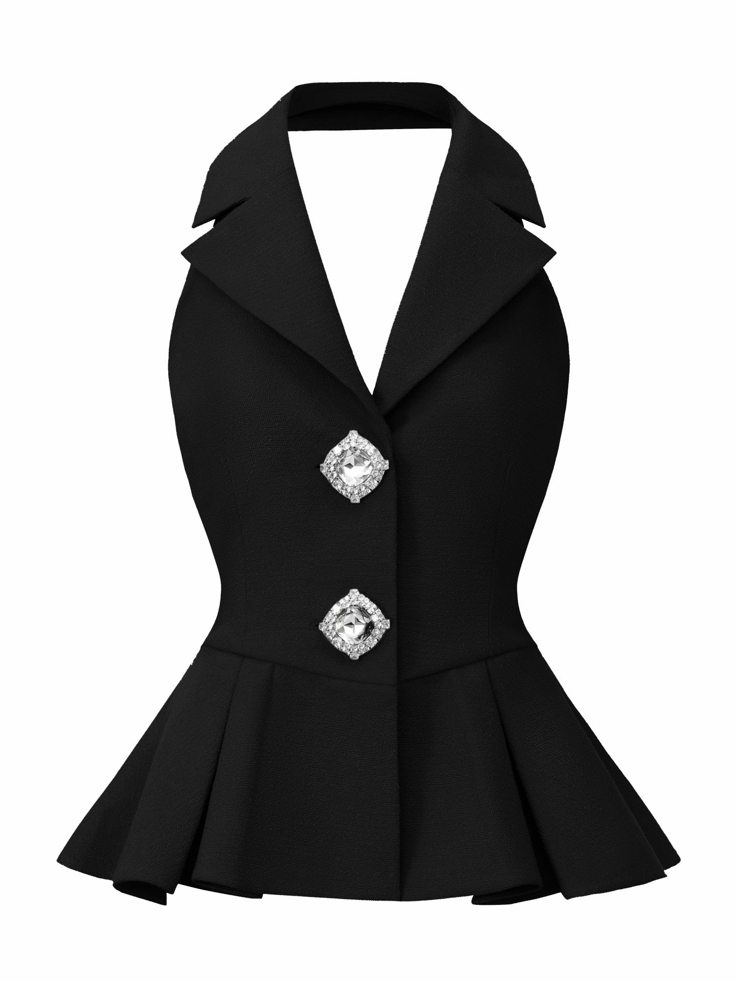 Nana Jacqueline Camille Crystal-Button Black Peplum Vest: Black Vest for Evening Cocktails Black