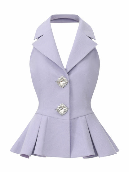 Nana Jacqueline Camille Crystal-Button Purple Peplum Vest: Purple Vest for Bridal Shower Purple