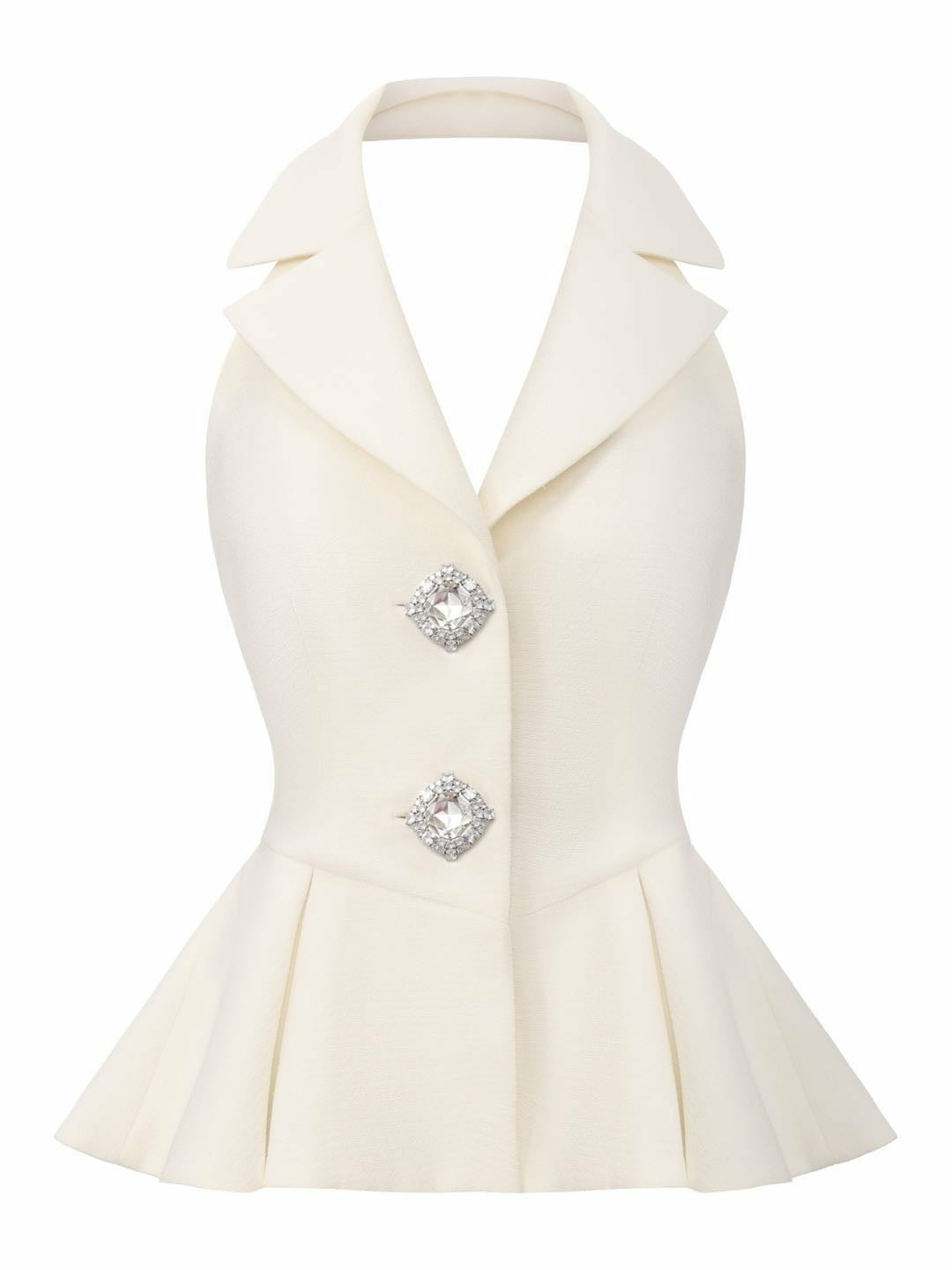 Nana Jacqueline Camille Crystal-Button White Peplum Vest: White Vest for Bridal Shower White