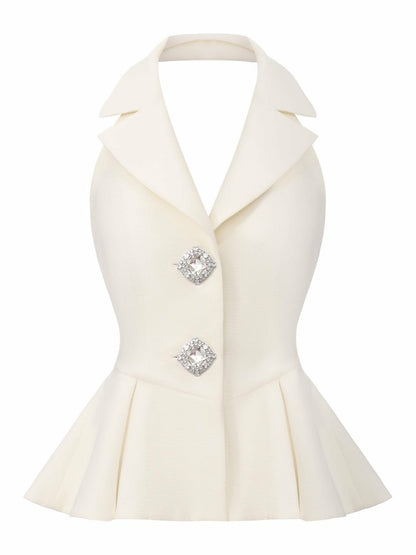 Nana Jacqueline Camille Crystal-Button White Peplum Vest: White Vest for Bridal Shower White
