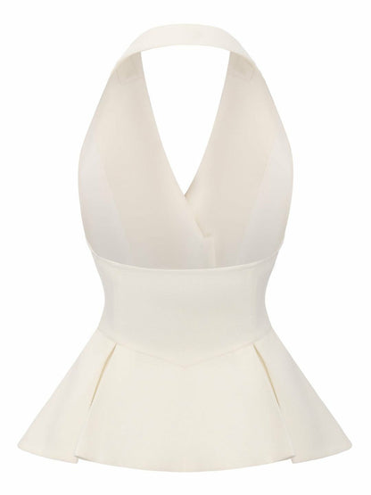 Nana Jacqueline Camille Crystal-Button White Peplum Vest: White Vest for Bridal Shower White