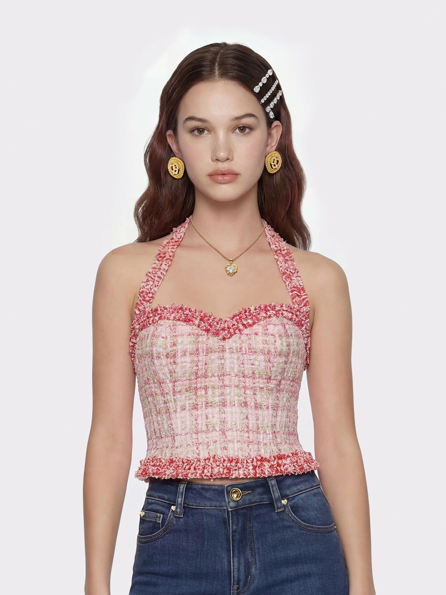 Nana Jacqueline Bianca Metallic-Woven Tweed Halter Pink Top Pink