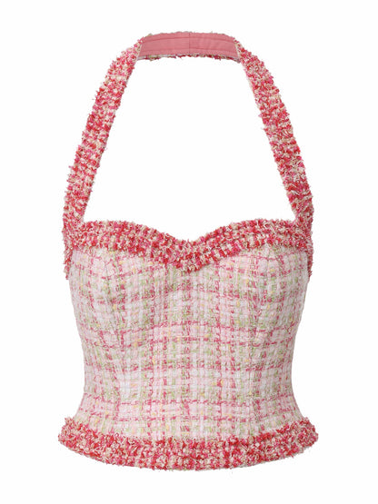Nana Jacqueline Bianca Metallic-Woven Tweed Halter Pink Top Pink