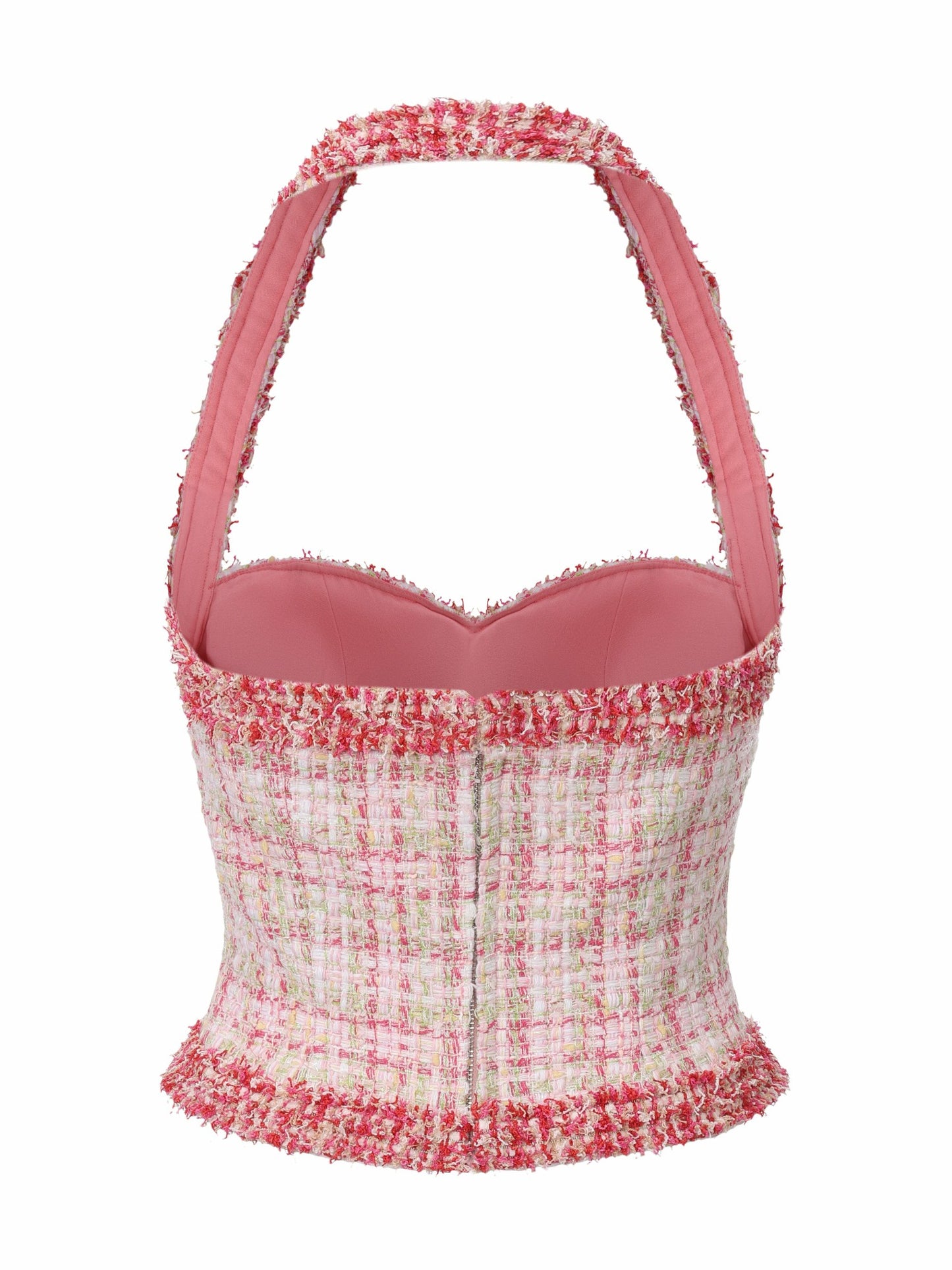 Nana Jacqueline Bianca Metallic-Woven Tweed Halter Pink Top Pink