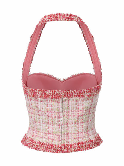 Nana Jacqueline Bianca Metallic-Woven Tweed Halter Pink Top Pink