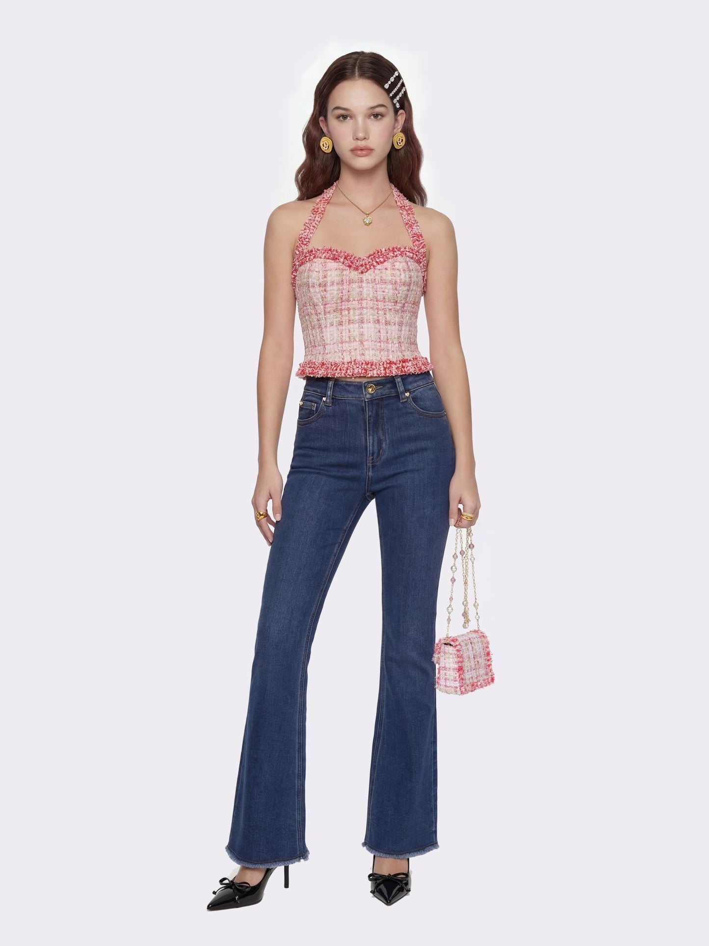 Nana Jacqueline Bianca Metallic-Woven Tweed Halter Pink Top Pink