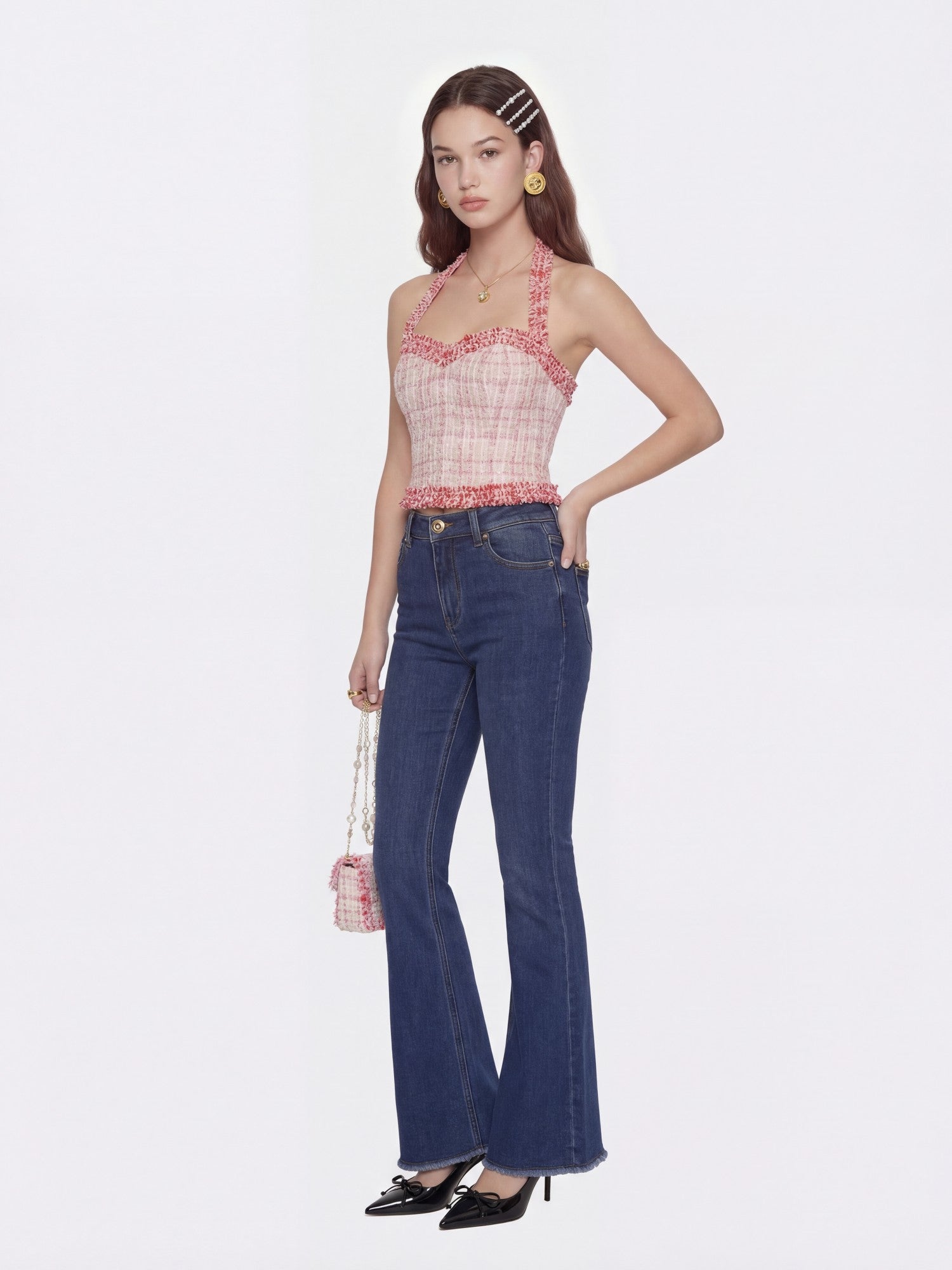 Nana Jacqueline Bianca Metallic-Woven Tweed Halter Pink Top Pink
