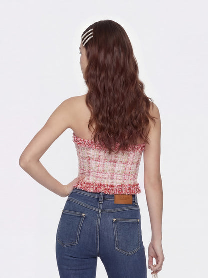 Nana Jacqueline Bianca Metallic-Woven Tweed Halter Pink Top Pink