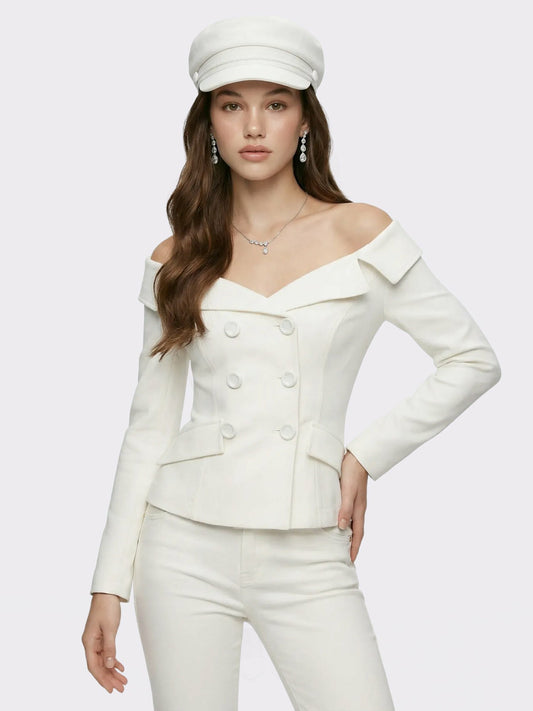 Nana Jacqueline White Denim Double-Breasted Tailored Top White