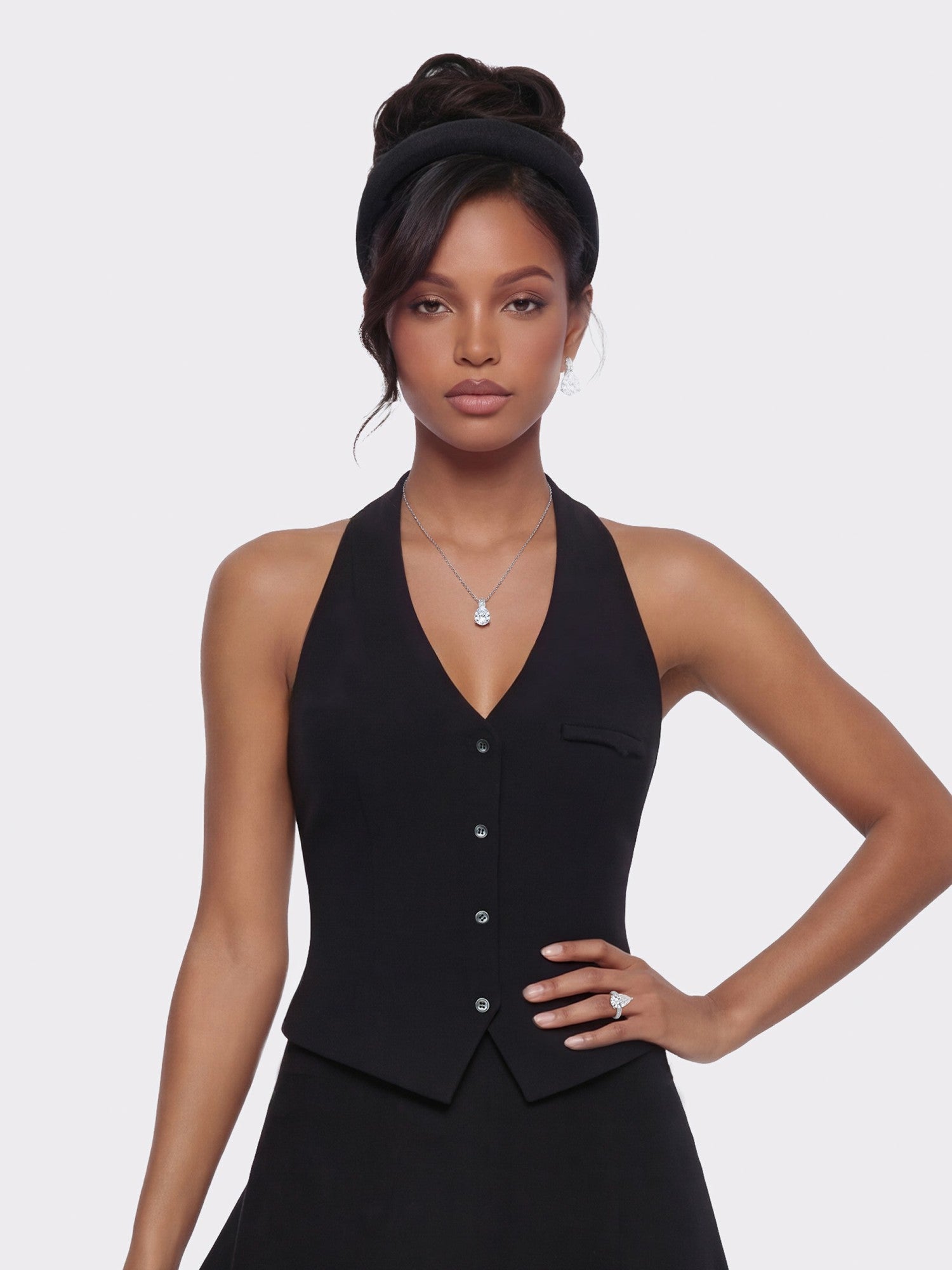 Nana Jacqueline Amara Tailored Halter Black Vest: Black Vest for Cocktail Party Black