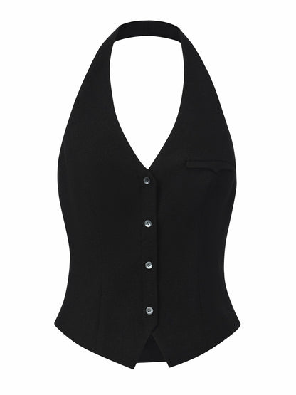 Nana Jacqueline Amara Tailored Halter Black Vest: Black Vest for Cocktail Party Black