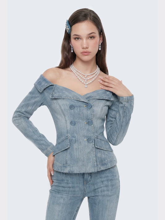 Nana Jacqueline Blue Denim Double-Breasted Top with Crystal Detail Blue