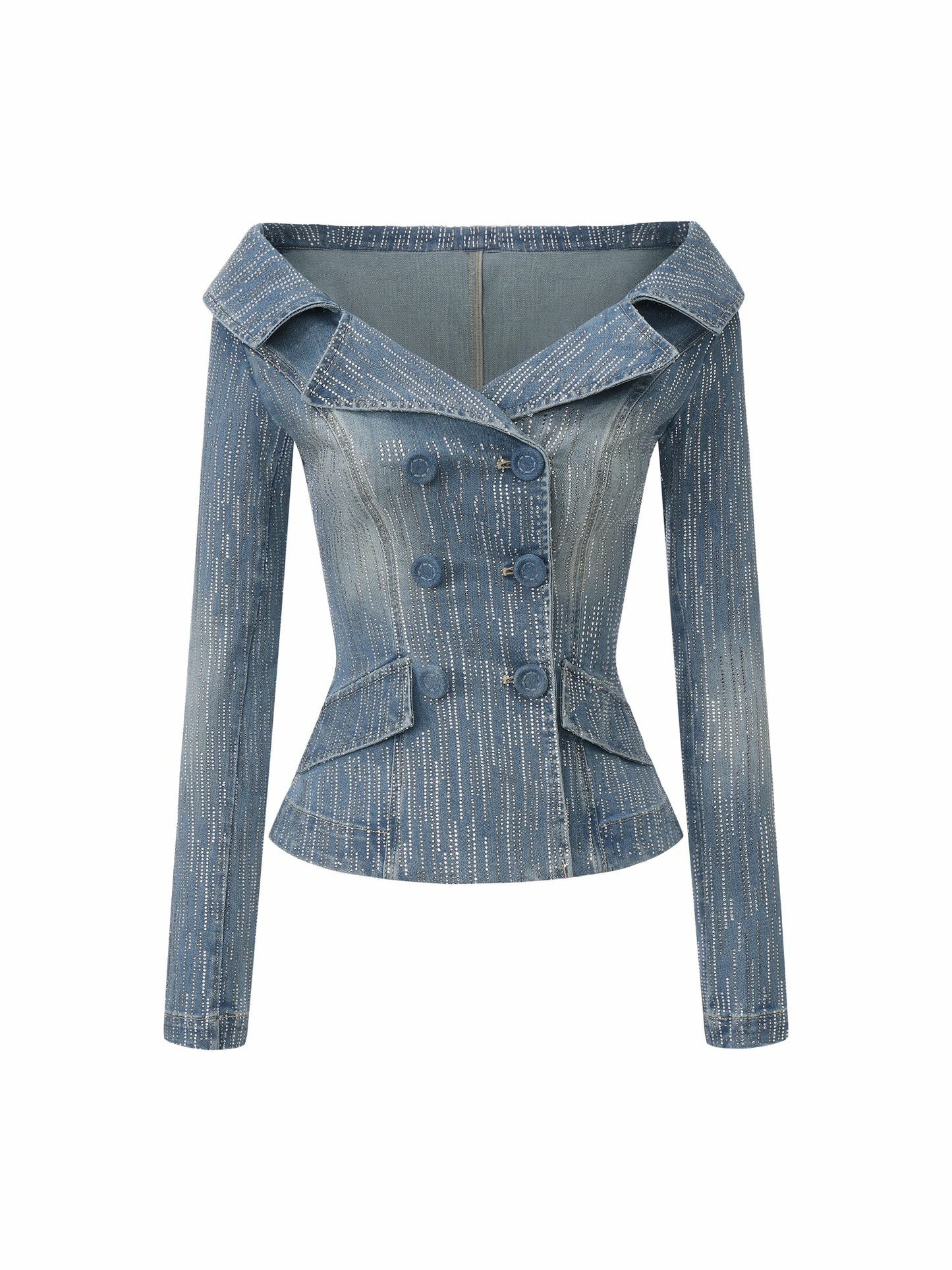 Nana Jacqueline Blue Denim Double-Breasted Top with Crystal Detail Blue