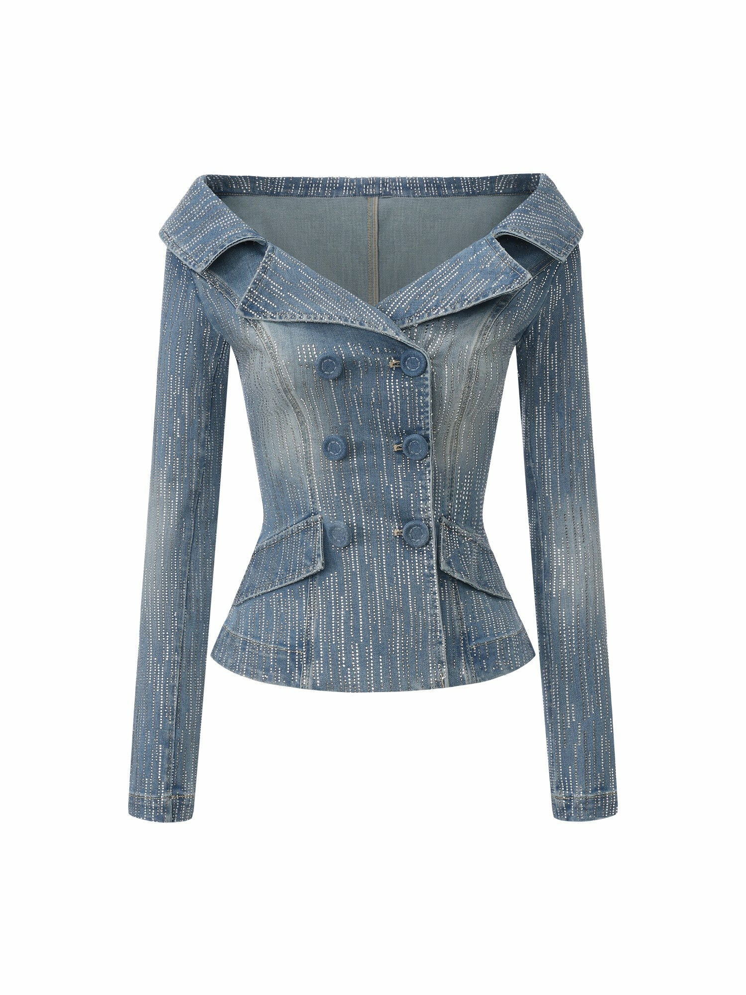 Nana Jacqueline Blue Denim Double-Breasted Top with Crystal Detail Blue