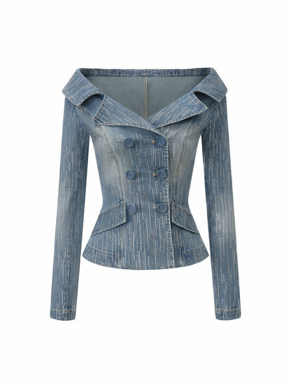 Nana Jacqueline Blue Denim Double-Breasted Top with Crystal Detail Blue