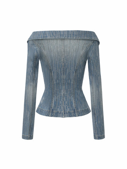 Nana Jacqueline Blue Denim Double-Breasted Top with Crystal Detail Blue
