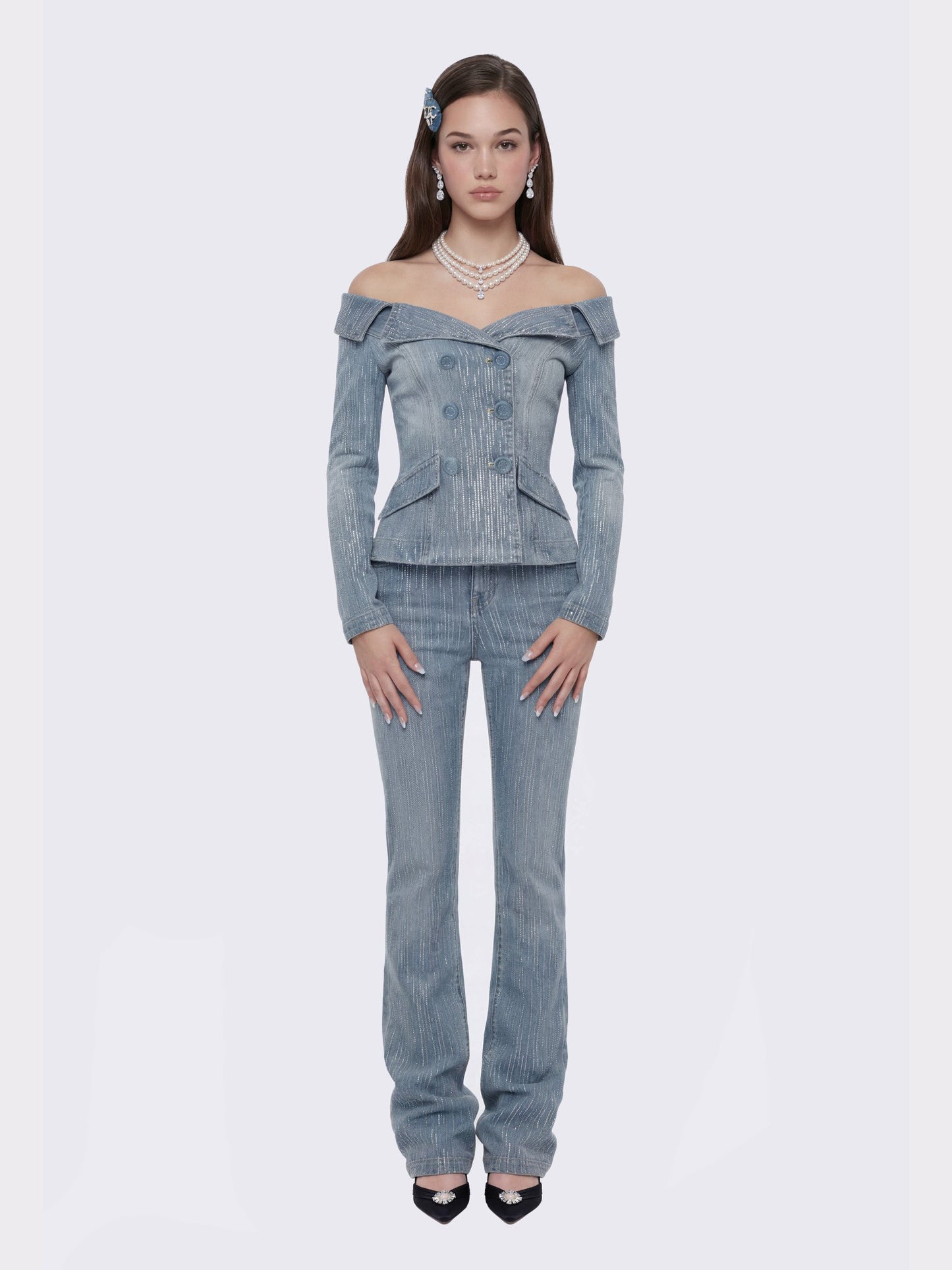 Nana Jacqueline Blue Denim Double-Breasted Top with Crystal Detail Blue