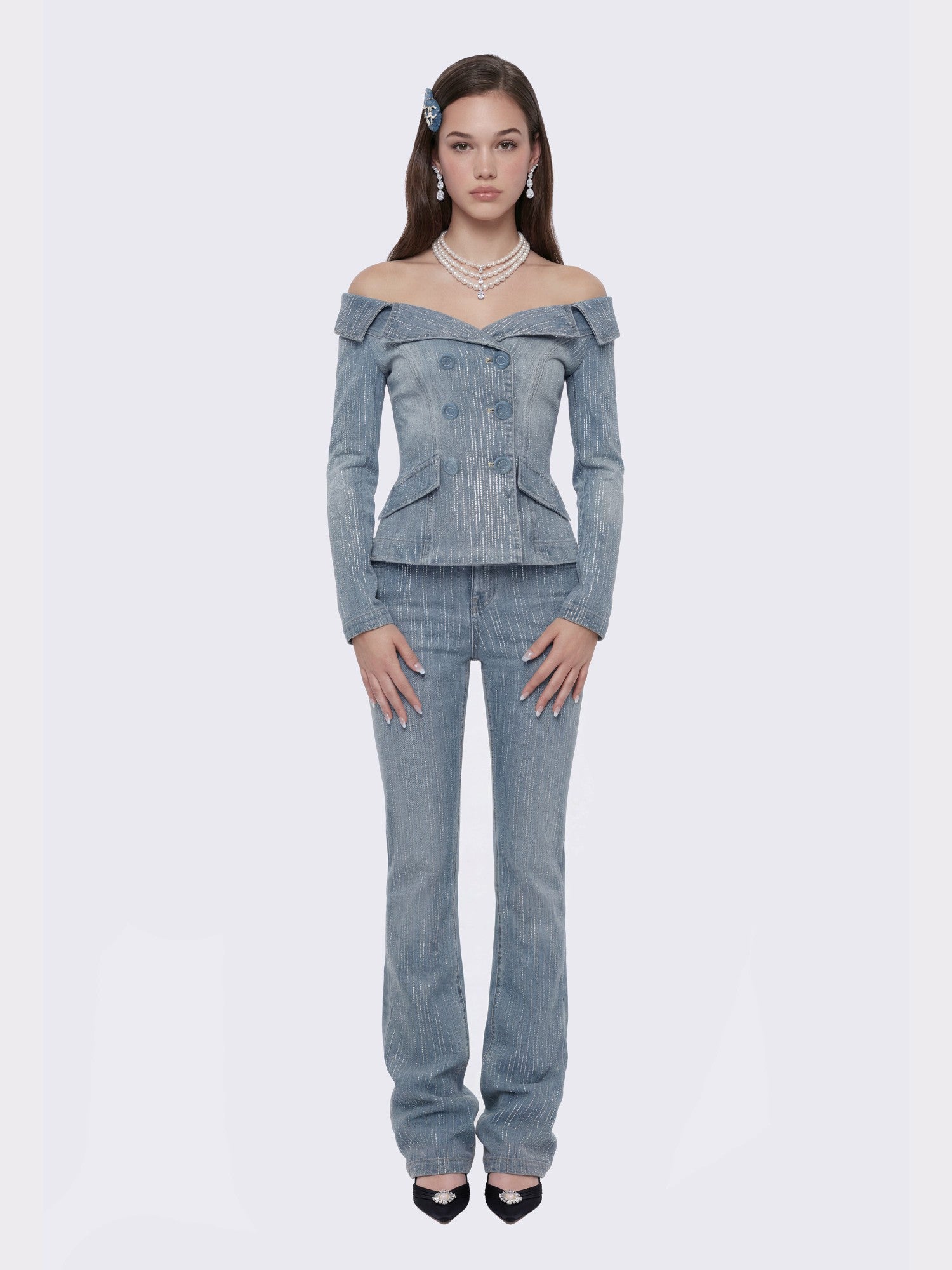 Nana Jacqueline Blue Denim Double-Breasted Top with Crystal Detail Blue