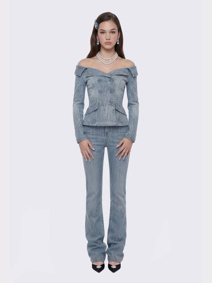 Nana Jacqueline Blue Denim Double-Breasted Top with Crystal Detail Blue