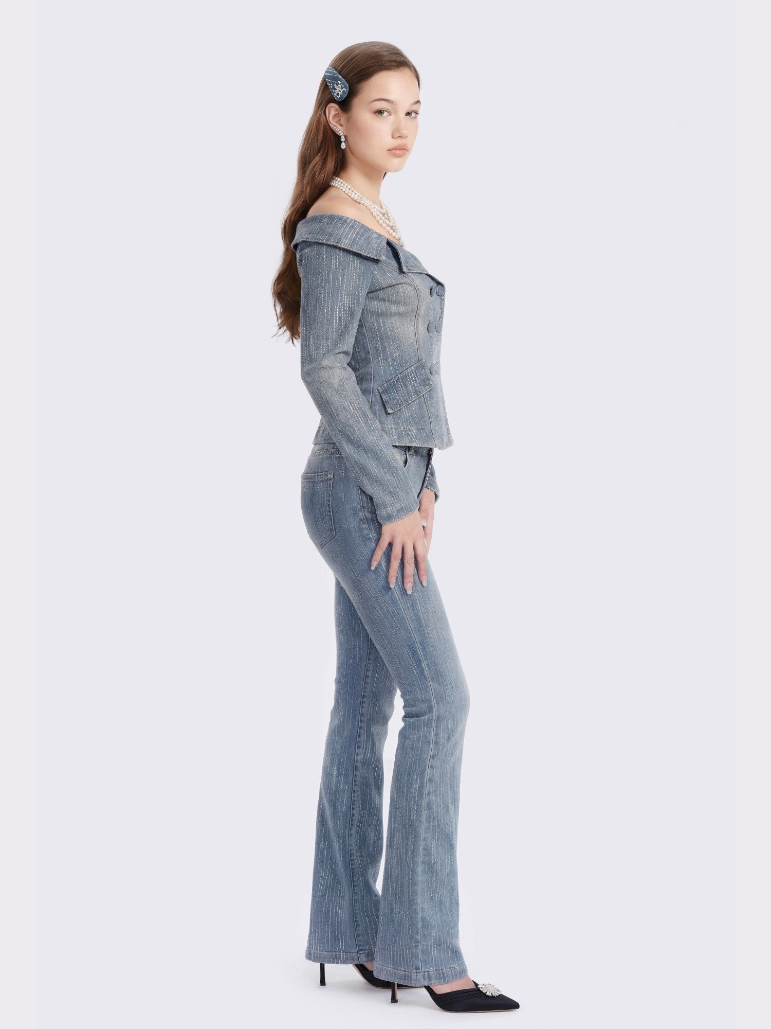 Nana Jacqueline Blue Denim Double-Breasted Top with Crystal Detail Blue
