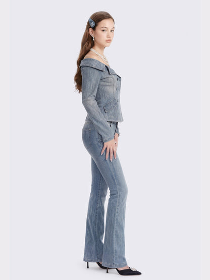 Nana Jacqueline Blue Denim Double-Breasted Top with Crystal Detail Blue