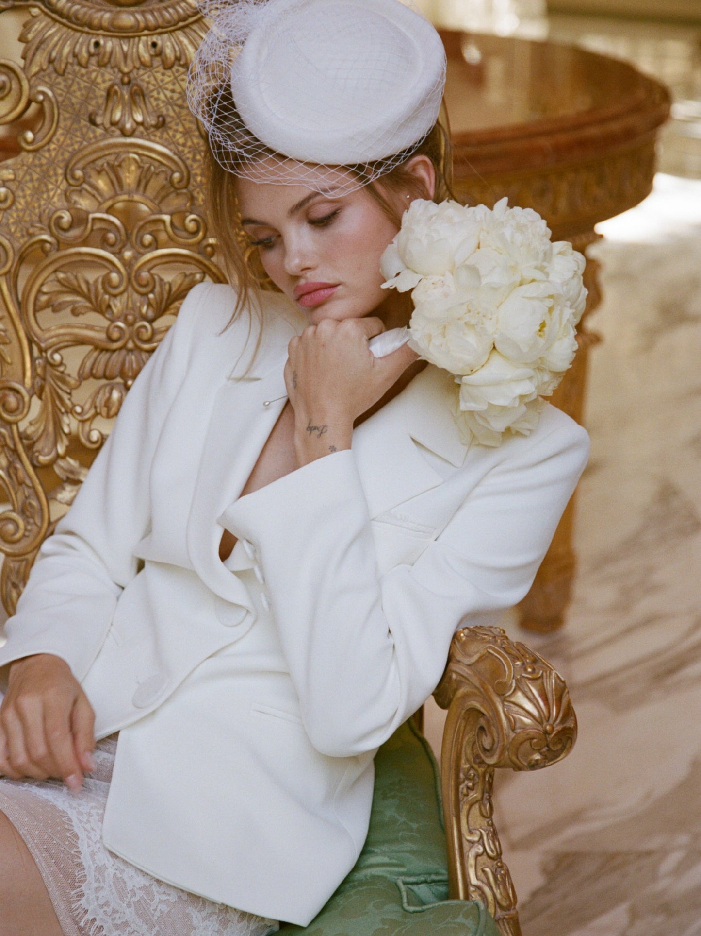 Nana Jacqueline Margot Lace-Trim Peak-Lapel White Blazer White