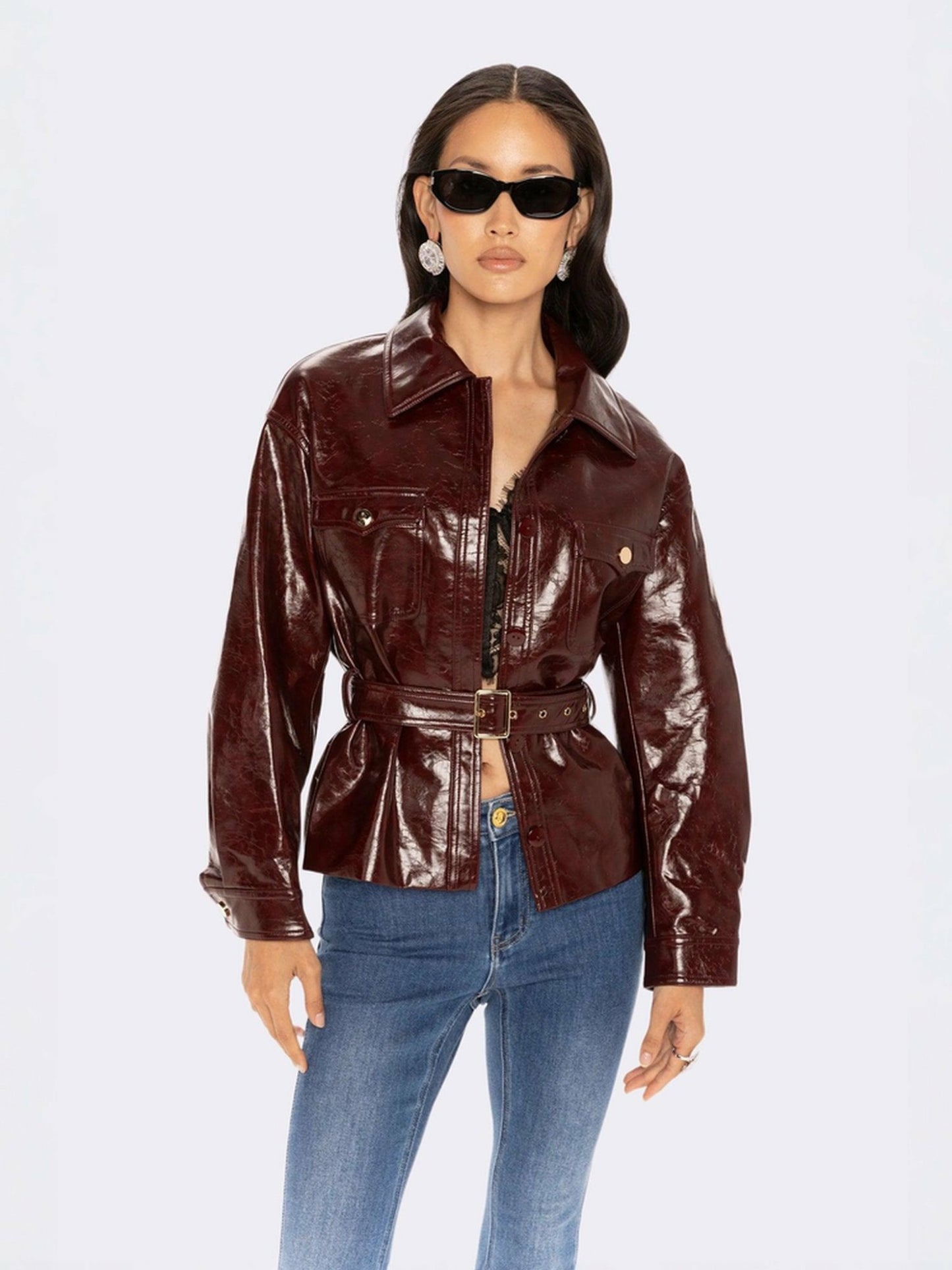 Nana Jacqueline Isabella Vegan Leather Jacket: Claret Leather Jacket for Date Night Claret